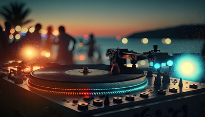 Outdoor night beach music party. Professional sound system dj console on foreground and blurred crowd of happy dancing people on background. AI generative image.