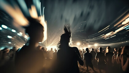 Night beach party with blurred dancing crowd of people having fun. AI generative image.