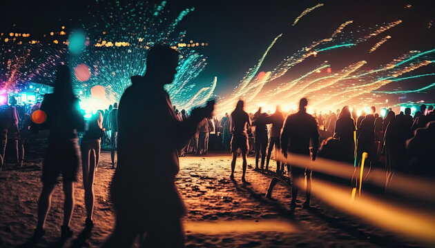 Night beach party with blurred dancing crowd of people having fun. AI generative image.