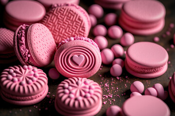 Obraz premium Different pink sweets, confectionery and pastry products. AI generated image.