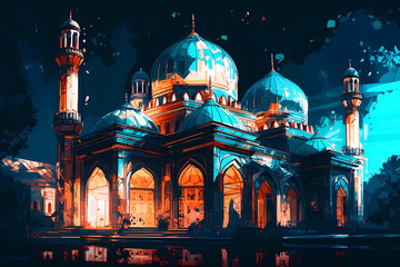 Fototapeta na wymiar a masjid with vibrant colors in ramadhan sky. digital art illustration. generative AI.