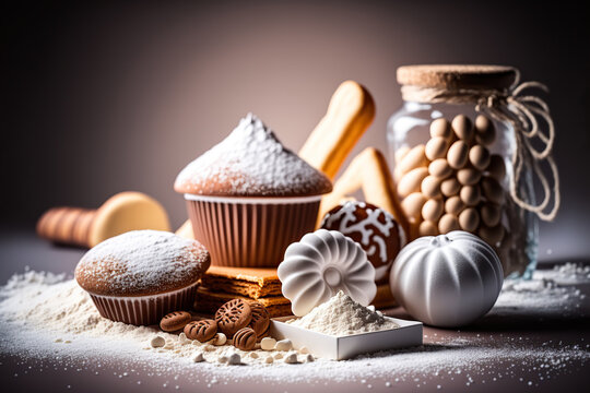 Still life with assorted fresh bakery and pastry confectionery products on dark background. AI generative image.