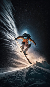 Extreme jumping skier with big snow cloud in a long exposure motion. Fantastic night sky with stars and Nortern lights. AI generative image.