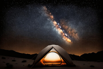 Fototapeta na wymiar Camping tent in the mountains at night, starry sky milky way. Concept hike, travel, extreme active leisure. Generative AI
