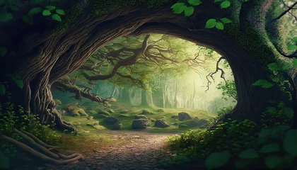 Rolgordijnen Beautiful fantasy dense forest landscape with old growth trees. Magic woods background with copy space. Fairy tale outdoor backdrop. AI generative image. © vlntn