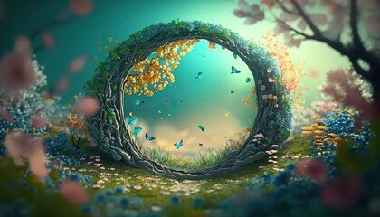 Beautiful enchanted landscape. Fantasy garden background. Magic meadow with spring blooming trees. Round floral frame with copy space in the middle. Fairy tale banner. AI generative image. - obrazy, fototapety, plakaty