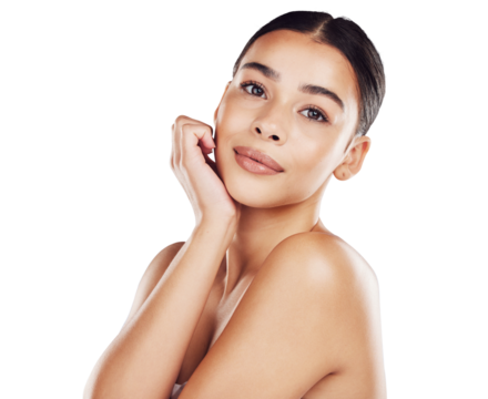 Beauty, dermatology and portrait of woman satisfied with glowing cosmetic routine while isolated on a png background. Skincare and face of hispanic female resting for facial health and wellness