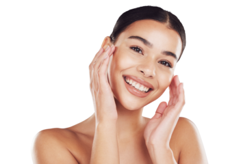 Isolated png background, skincare and happy woman with self love for healthy dermatology and cosmetic treatments. Portrait, smile and latino female touching her soft, smooth skin with care