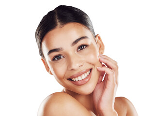 Face, smile and skincare portrait of a woman with healthy skin isolated on a png background. Cosmetics, dermatology and wellness of a happy hispanic female with a luxury treatment routine