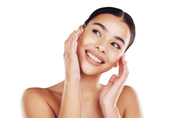 Self love, beauty and idea of female with skincare for health and glowing skin while isolated on a png background.  Cosmetology, dermatology and hispanic woman with a soft, smooth facial