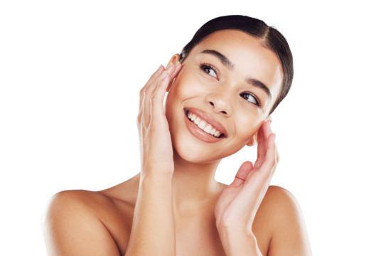 Self love, beauty and idea of female with skincare for health and glowing skin while isolated on a png background. Cosmetology, dermatology and hispanic woman with a soft, smooth facial