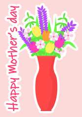 A bouquet of flowers is in a red vase with the words happy mothers's.