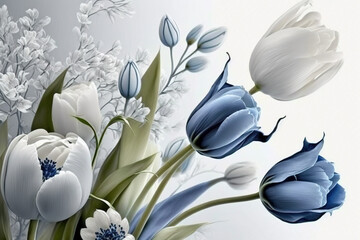Romantic plant composition of branches and flowers in blue and white tones on a white background. Small space for copy, created with Generative AI technology