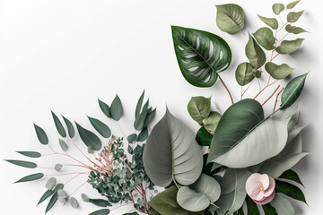 Romantic plant composition of branches and flowers in green and red tones on a white background. Small space for copy, created with Generative AI technology