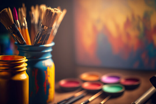 Paintbrushes with paints on blurred artistic workshop indoor background. Art classes. AI generative image.