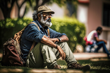 Senior man relax sitting on grass at public park. Generative AI illustration.