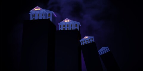 Bank collapse domino effect with dark dramatic sky. Conceptual 3d rendering bankruptcy illustration. 
