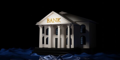Bank collapse conceptual 3d rendering bankruptcy illustration. Bank building drowning on the sea.