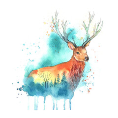 Watercolor sketch. Decorative forest deer in bright colors and splashes. Hand drawn illustration isolated on white background. Can be used for poster, card, creative design
