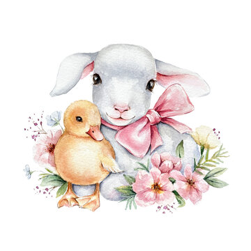 Watercolor farm baby animals. Cute goat and duckling with flowers. Domestic pet hand drawn illustration isolated on white background. Farmhouse Easter print, baby shower invitation, nursery decor