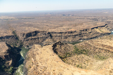 Aerial shot of the lower river gorge of the Zambezi river in southern africa.