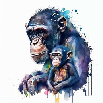 Chimpanzee mother and infant Watercolour portrait, Animal illustration