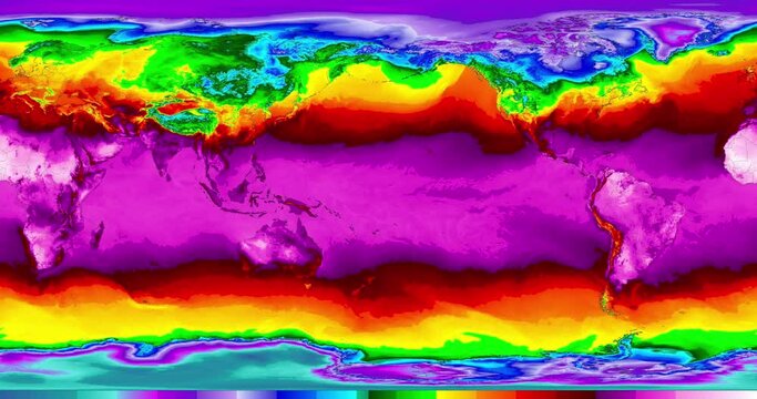 The world map centered on the Pacific Ocean is color-coded, representing the temperature ranges on the globe and the differences between day and night. - Powered by Adobe