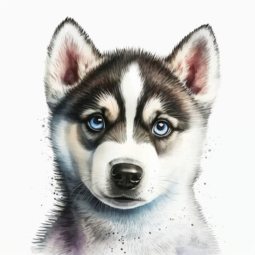 Cute Husky Puppy Watercolour portrait, Animal illustration