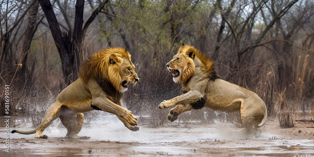 Wall mural Two male lions fighting over mating rights.  Dangerous predators in natural habitat. Wildlife scene. Digital ai art	
