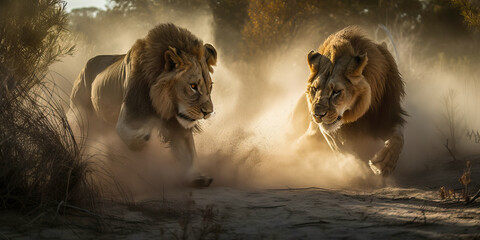 Two male lions fighting over mating rights.  Dangerous predators in natural habitat. Wildlife scene. Digital ai art	
