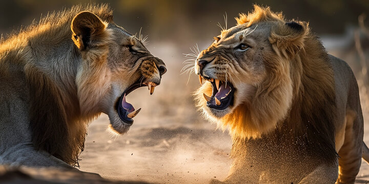 Two male lions fighting over mating rights.  Dangerous predators in natural habitat. Wildlife scene. Digital ai art	
