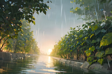 雨が降る日の森と川　梅雨　雨季  generative ai