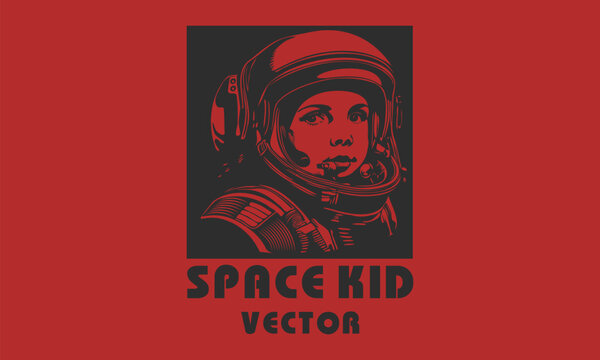 Vector black and red square logo. Space kid in a spacesuit. Sticker, icon or emblem on isolated background. Astronaut child.