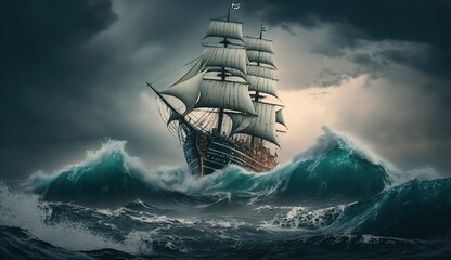 Stunning Matte Painting of Ship Battling a Storm in the Middle of the Ocean