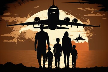 Fototapeta na wymiar A young family standing in silhouette next to an airplane.