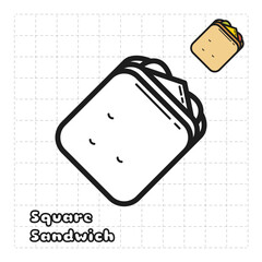 Children Coloring Book Object. Food Series - Square Sandwich