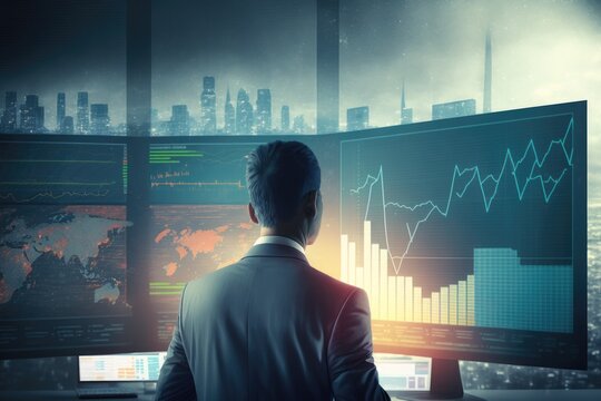 A financial trade manager analyzes stock market indicators and financial data with charts in the background to determine the best investment strategy, while surrounded by towering business buildings.