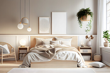 Modern bedroom interior with bed and mockup posters. AI generative