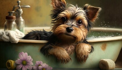 A cute and adorable picture of a dog taking a bath. Generative AI