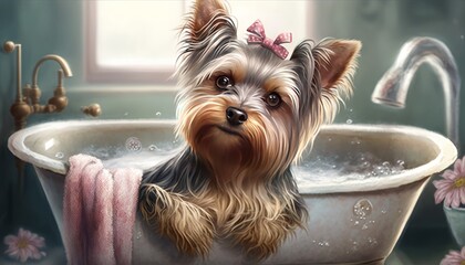 A cute and adorable picture of a dog taking a bath. Generative AI