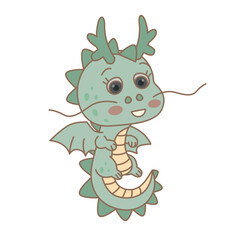 Fototapeta premium Green dragon symbol of 2024. Cute Chinese dragon horoscope sign. Cartoon illustration. Symbol of the 2024. Chinese New Year animal sign. Chinese Zodiac. Sign Dragon