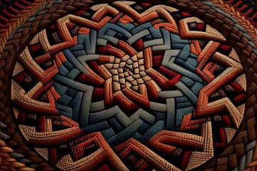 A woven rug with a detailed pattern of interwoven threads. Generative AI