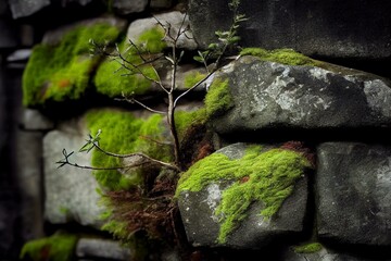 A stone wall with moss and lichen growing in the cracks. Generative AI
