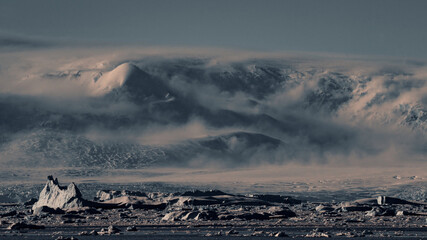 Panorama of Mountainous Snow Covered Landscape in Antarctica