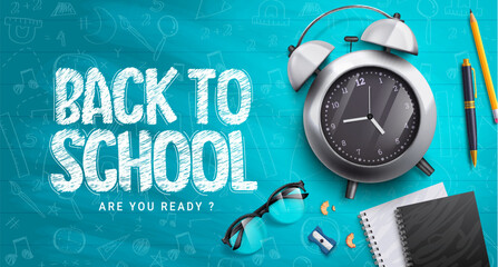 Back to school vector background. Back to school text in space with alarm clock, notebook and glasses supplies. Vector illustration back to school educational background.
