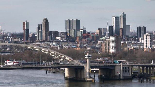 Skyline of Rotterdam With the Van Brienenoord Bridge in the Foreground, Aerial Establishing Shot
