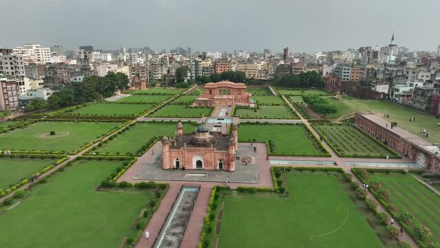 Aerial rotating drone view of Lalbagh Fort in Dhaka. Bangladesh.