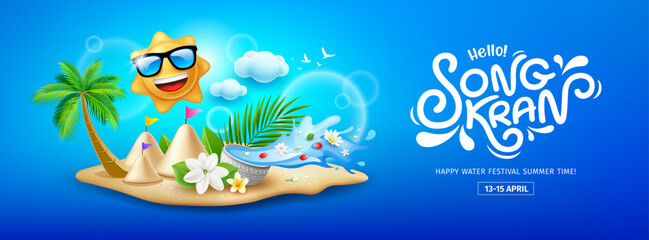Fototapeta na wymiar Songkran festival thailand, Thai flowers in a water bowl, splashing, sun smile, sand pagoda, cloud sky banner design on blue background, EPS 10 vector illustration 