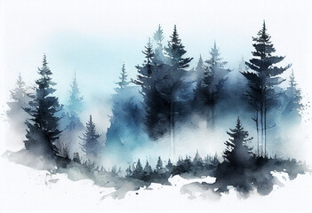 blue landscape of foggy forest, spring hill. Wild nature, frozen, misty, taiga. watercolor background. generative ai