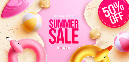 Summer sale vector banner design. Summer sale with 50% text special offer advertisement discount. Vector illustration summer sale promotion. 
